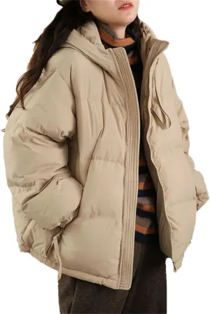 Women's Short Hooded Loose Cotton-Padded Jacket Classic Double Zipper Pockets Parka Coat