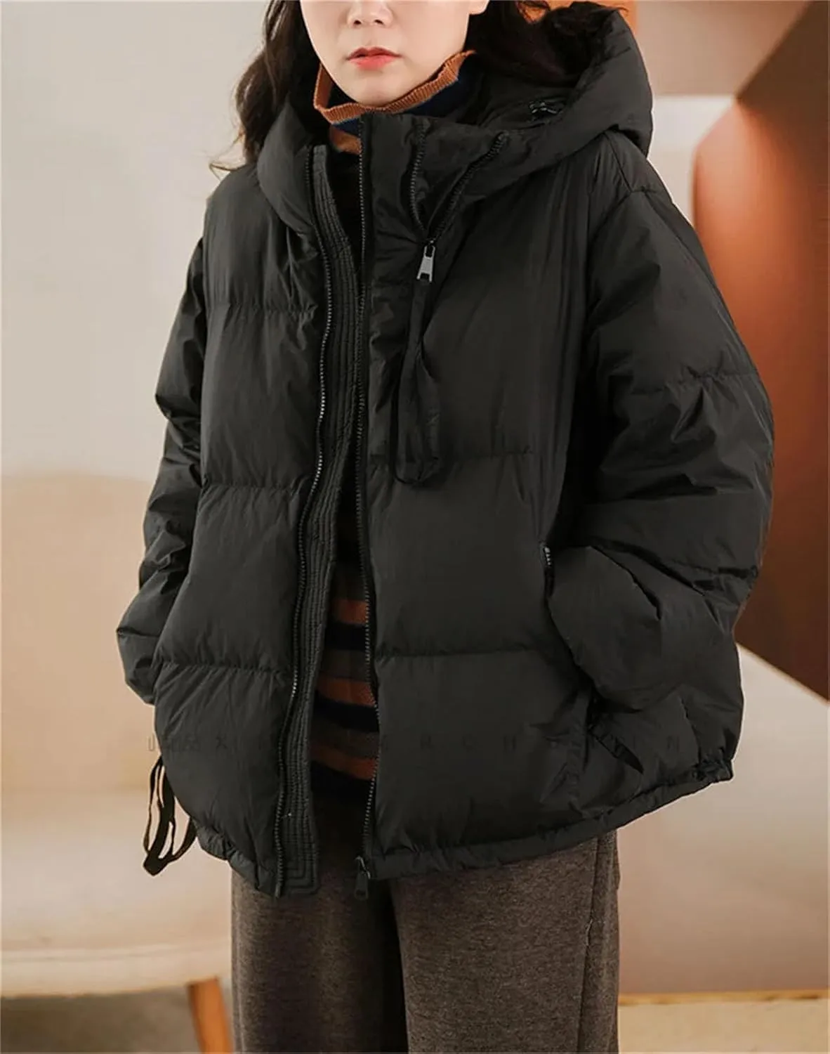 Women's Short Hooded Loose Cotton-Padded Jacket Classic Double Zipper Pockets Parka Coat