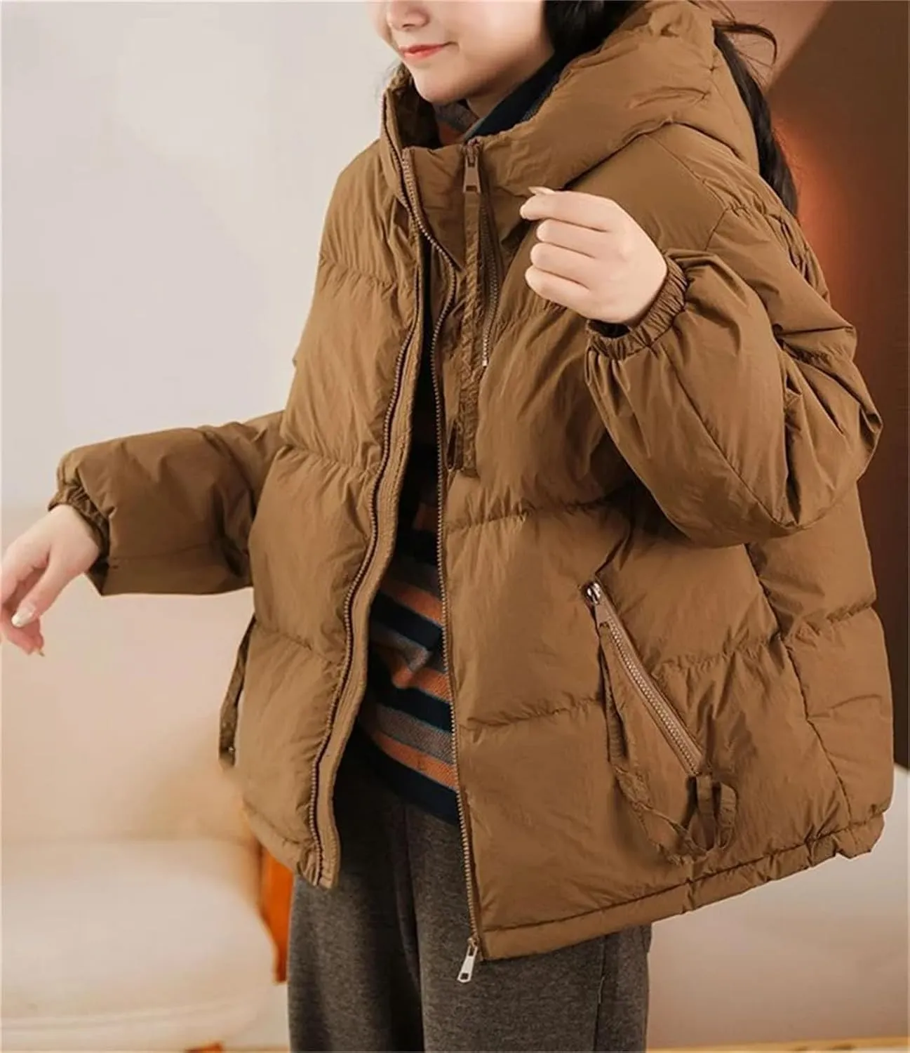 Women's Short Hooded Loose Cotton-Padded Jacket Classic Double Zipper Pockets Parka Coat