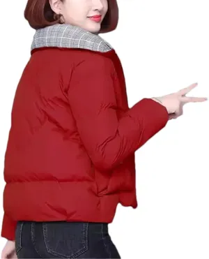 Women's Short Splicing Lapel Cotton-Padded Jacket Classic Quilted Pockets Zipper Parka Coat