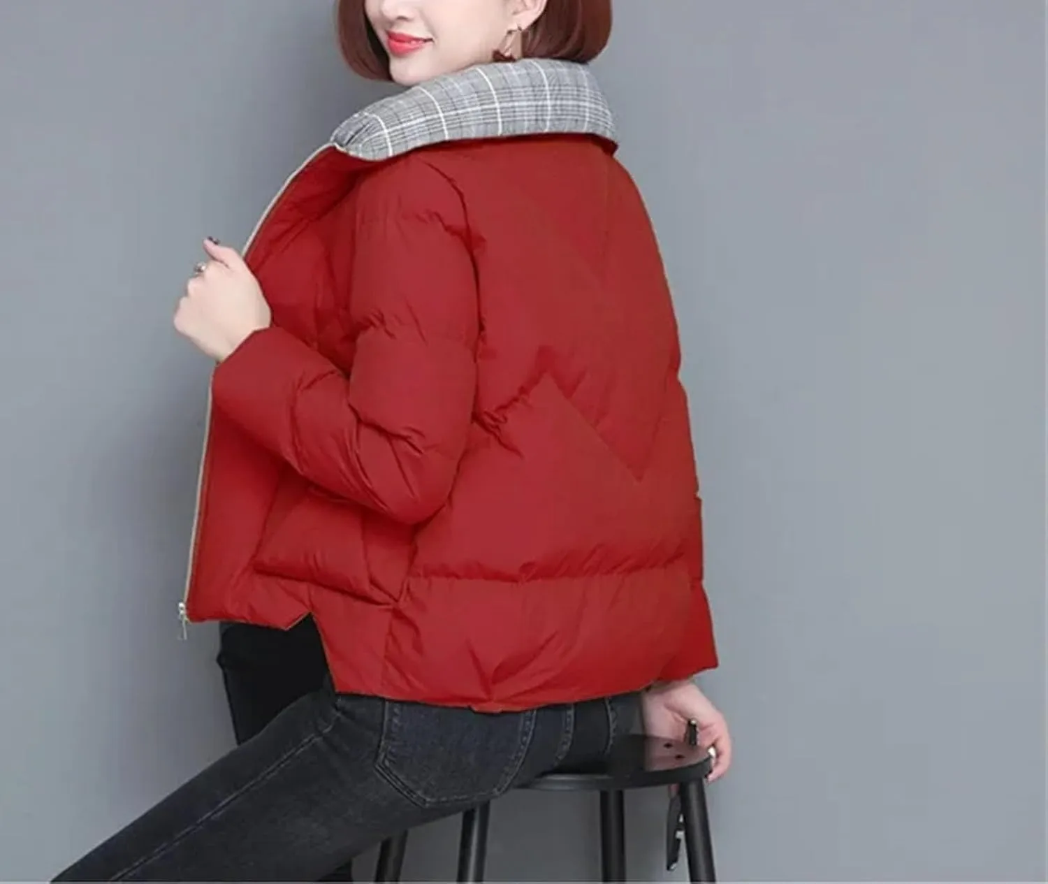 Women's Short Splicing Lapel Cotton-Padded Jacket Classic Quilted Pockets Zipper Parka Coat