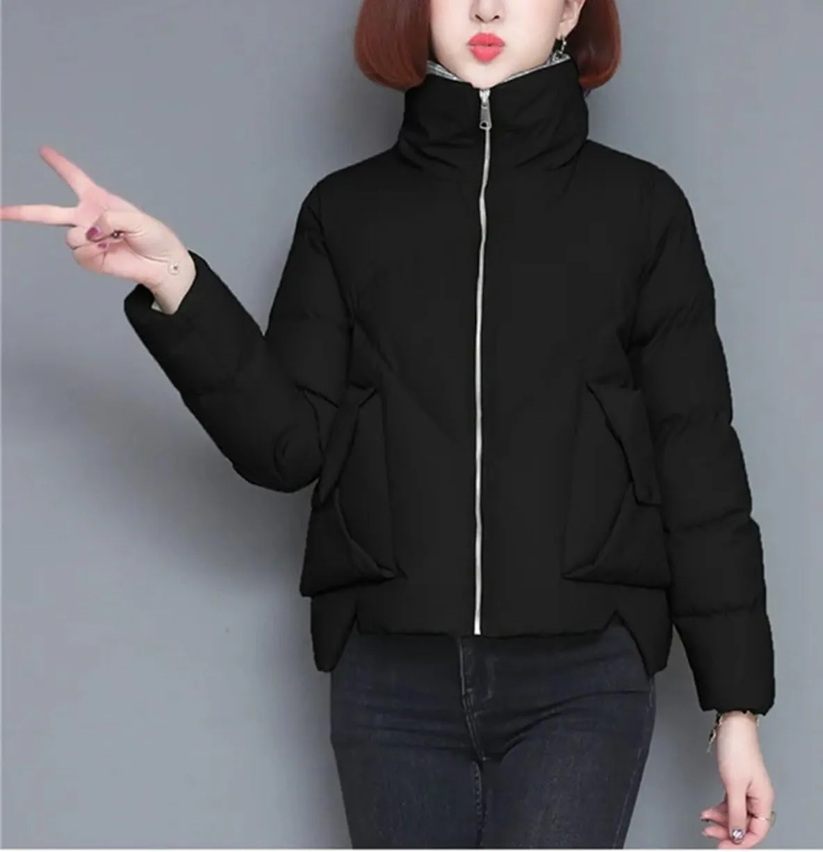Women's Short Splicing Lapel Cotton-Padded Jacket Classic Quilted Pockets Zipper Parka Coat