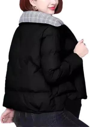 Women's Short Splicing Lapel Cotton-Padded Jacket Classic Quilted Pockets Zipper Parka Coat
