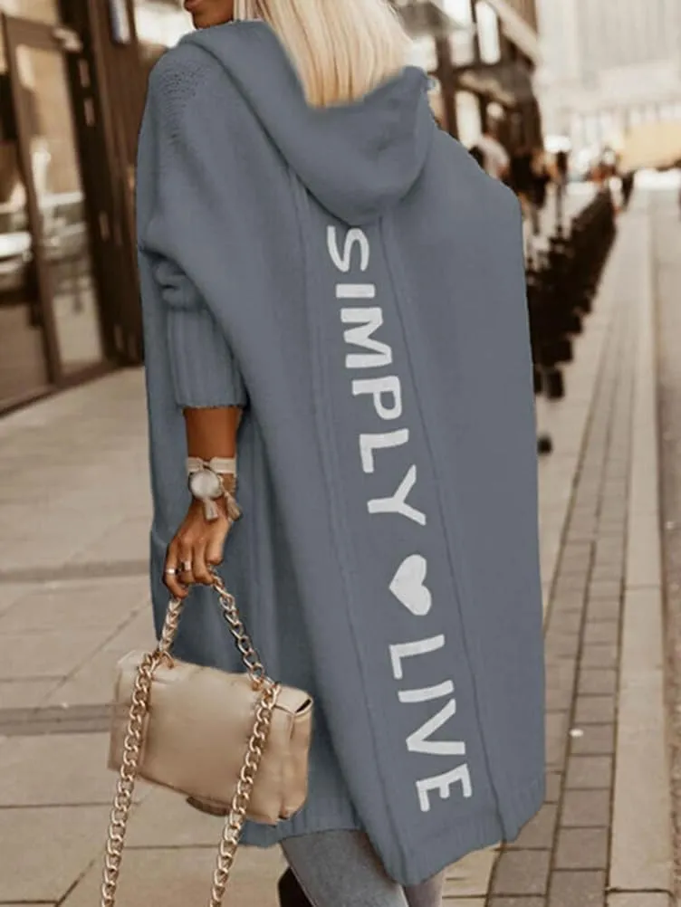 Women's Simply Love Live Letter Long Hooded Sweater Cardigans Fall Winter Plus Size Open Front Coat with Pockets