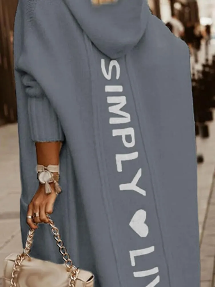 Women's Simply Love Live Letter Long Hooded Sweater Cardigans Fall Winter Plus Size Open Front Coat with Pockets