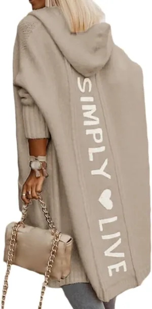 Women's Simply Love Live Letter Long Hooded Sweater Cardigans Fall Winter Plus Size Open Front Coat with Pockets