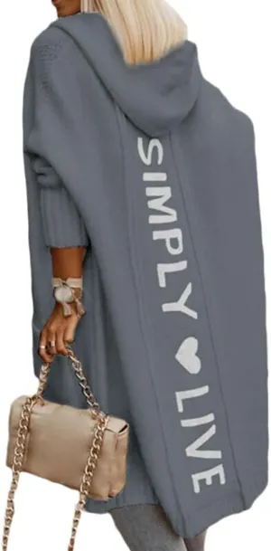 Women's Simply Love Live Letter Long Hooded Sweater Cardigans Fall Winter Plus Size Open Front Coat with Pockets
