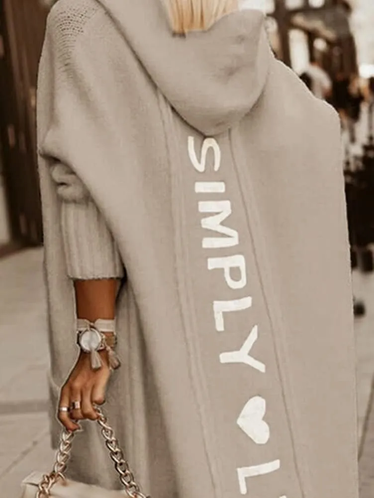 Women's Simply Love Live Letter Long Hooded Sweater Cardigans Fall Winter Plus Size Open Front Coat with Pockets