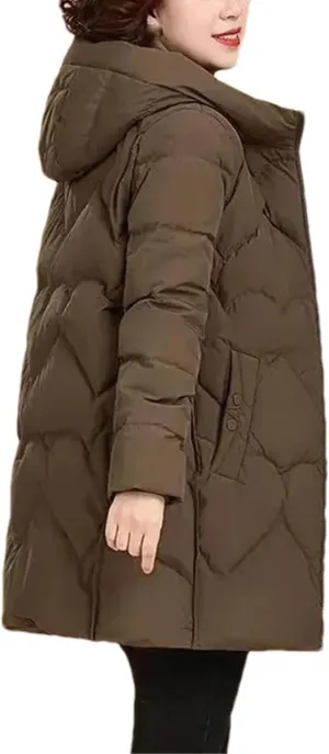 Women's Solid Long Sleeve Cotton-Padded Jacket Warm Classic Pockets Zippers Parka Coat