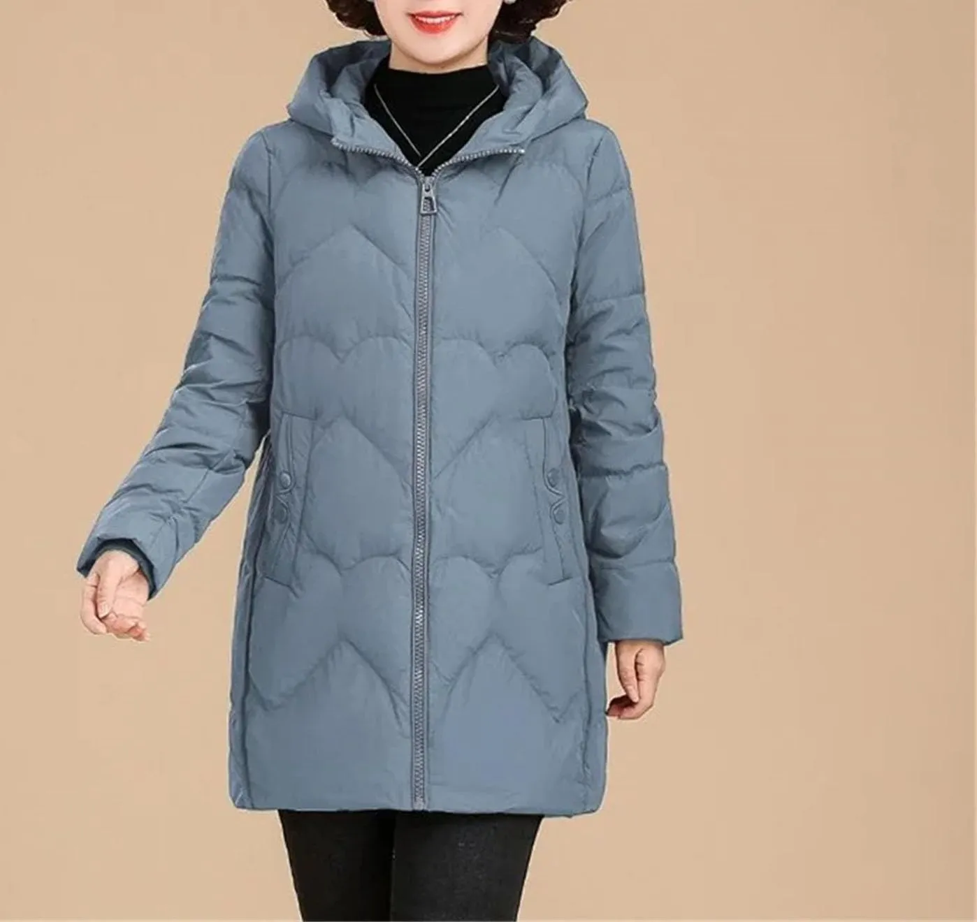 Women's Solid Long Sleeve Cotton-Padded Jacket Warm Classic Pockets Zippers Parka Coat