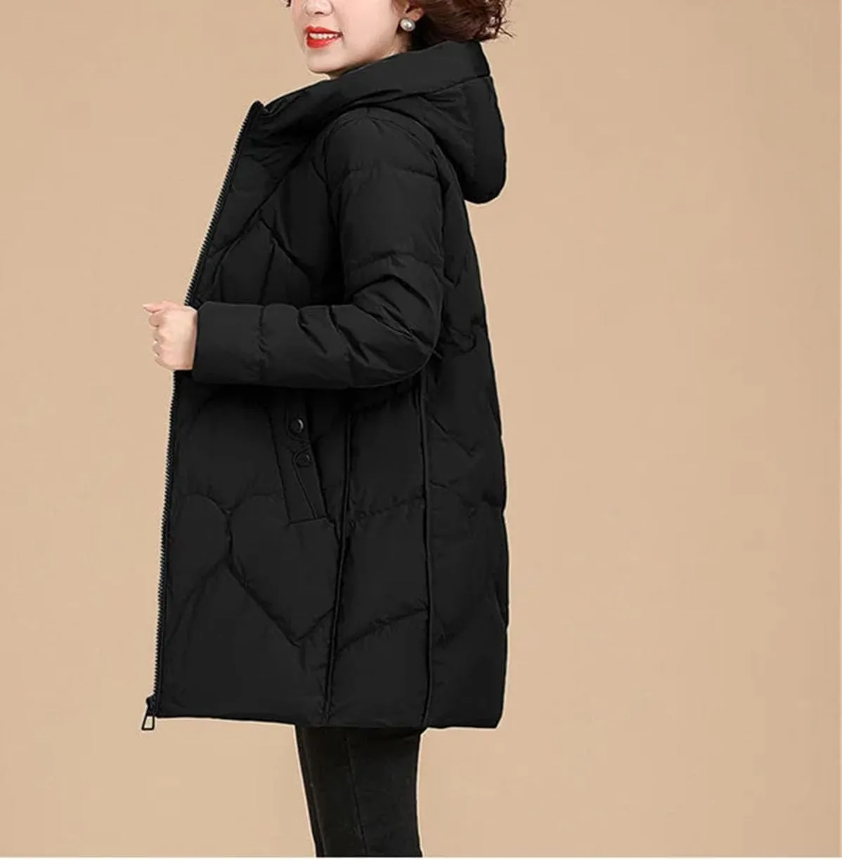 Women's Solid Long Sleeve Cotton-Padded Jacket Warm Classic Pockets Zippers Parka Coat