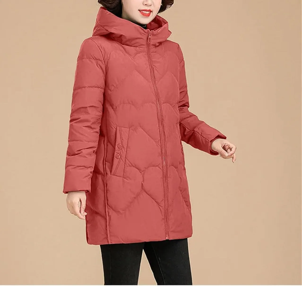 Women's Solid Long Sleeve Cotton-Padded Jacket Warm Classic Pockets Zippers Parka Coat