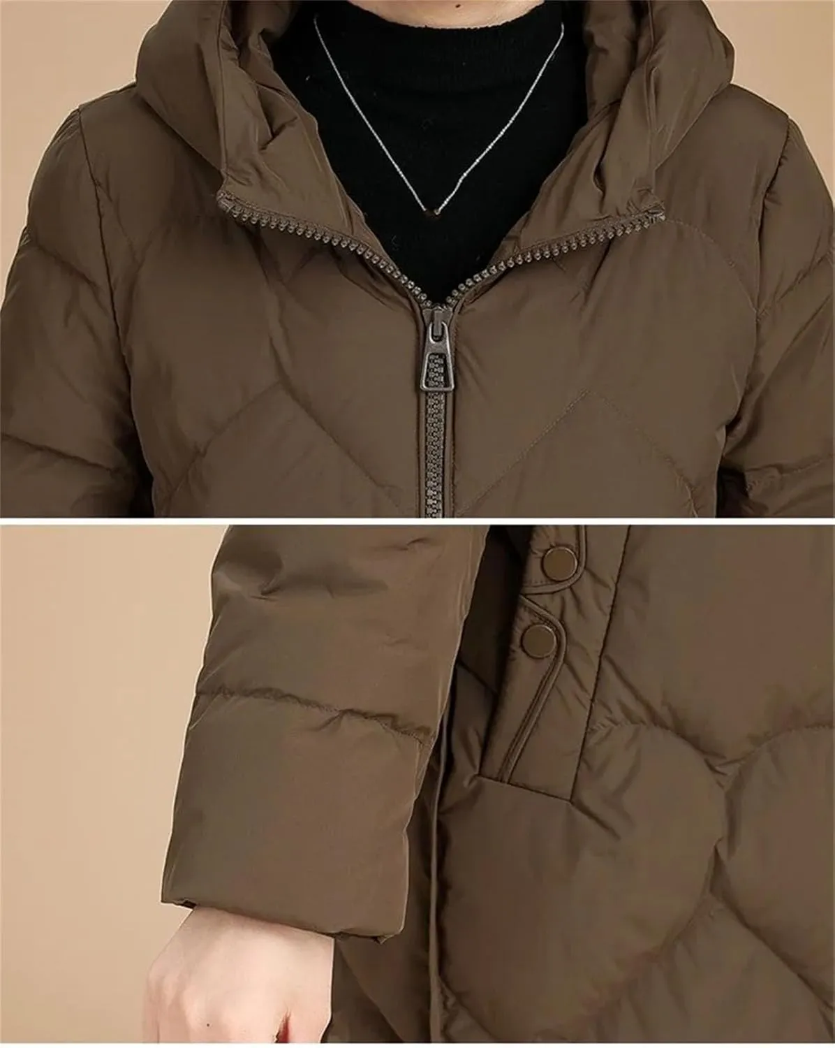Women's Solid Long Sleeve Cotton-Padded Jacket Warm Classic Pockets Zippers Parka Coat