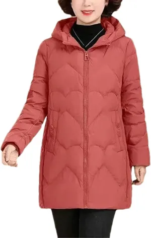Women's Solid Long Sleeve Cotton-Padded Jacket Warm Classic Pockets Zippers Parka Coat