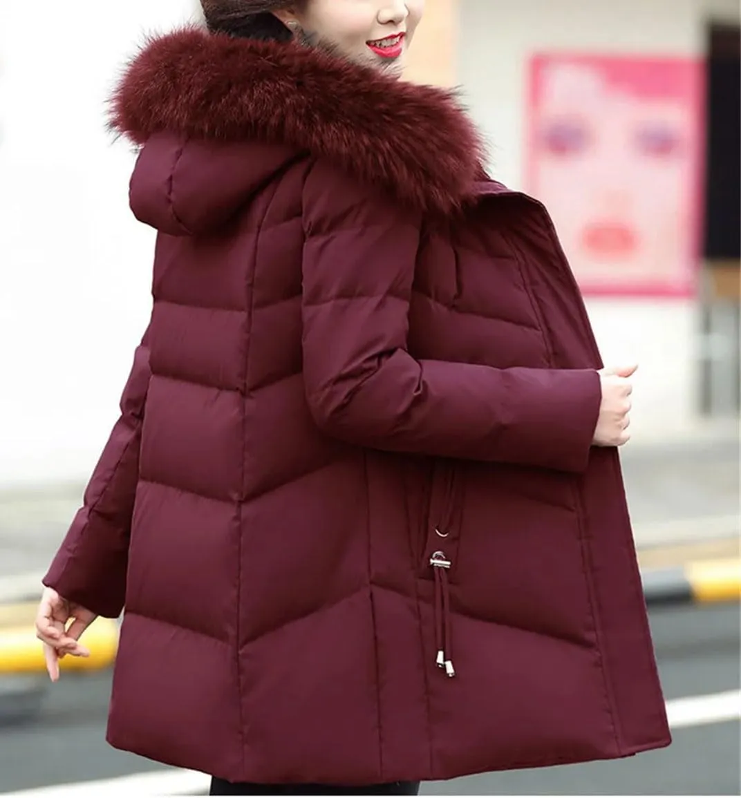 Women's Solid Plush Hooded Cotton-Padded Jacket Classic Stripe Pockets Parka Coat