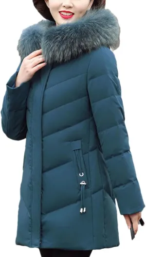Women's Solid Plush Hooded Cotton-Padded Jacket Classic Stripe Pockets Parka Coat
