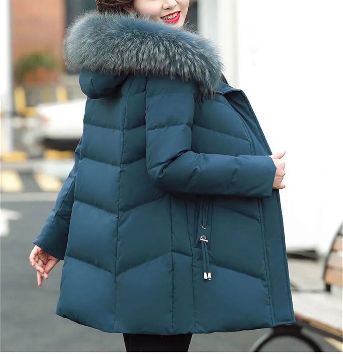 Women's Solid Plush Hooded Cotton-Padded Jacket Classic Stripe Pockets Parka Coat