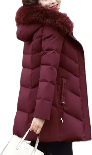 Women's Solid Plush Hooded Cotton-Padded Jacket Classic Stripe Pockets Parka Coat