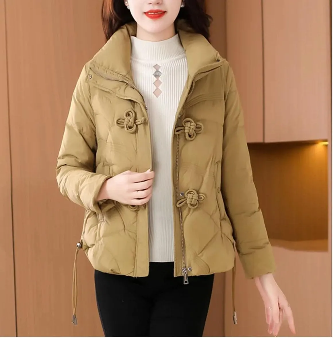 Women's Stand Up Collar Warm Cotton-Padded Jacket Long Sleeve Classic Solid Parka Coat