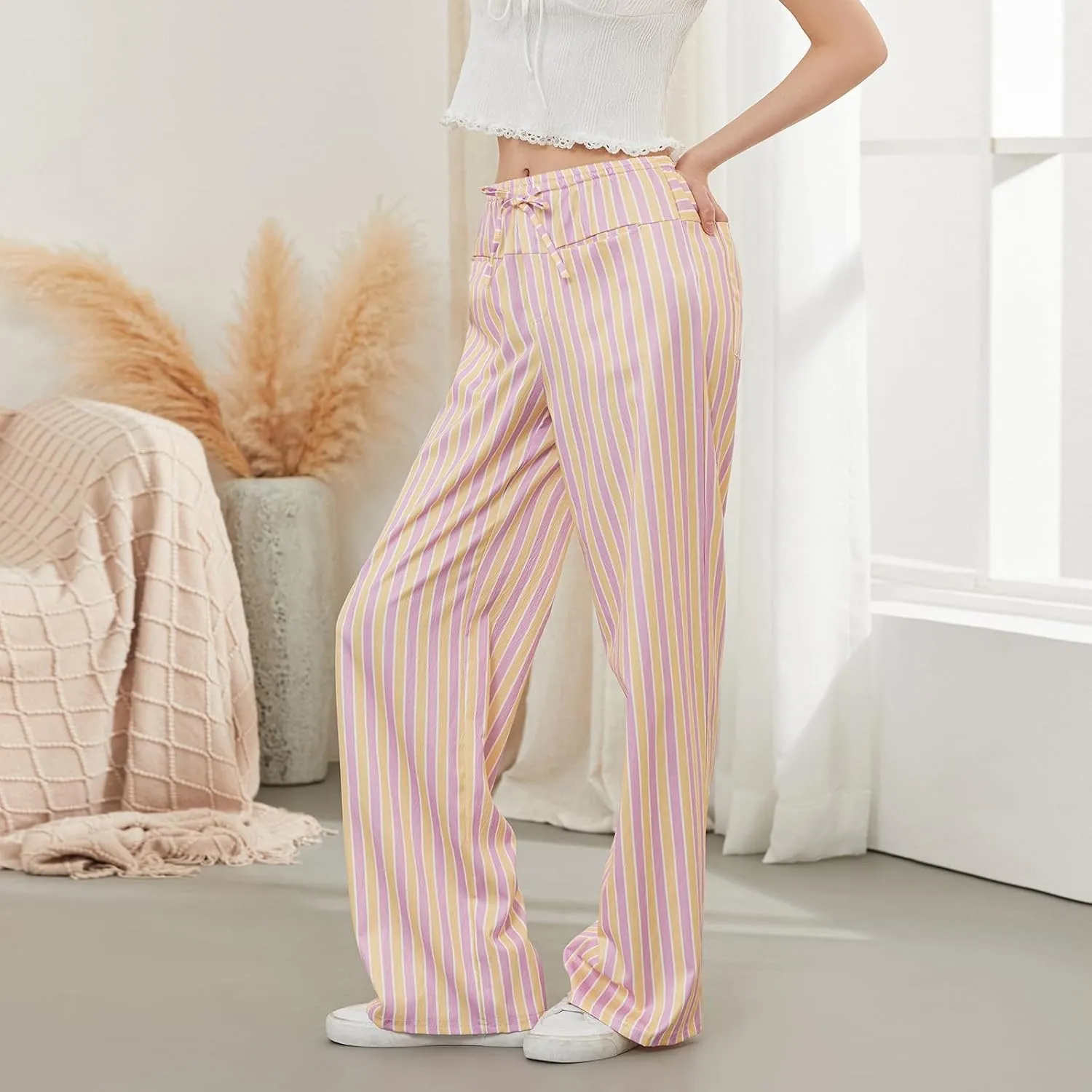 Womens Striped Wide Leg Pants Casual Loose Elastic High Waist Drawstring Trousers Lounge Pajama Pants Bottoms