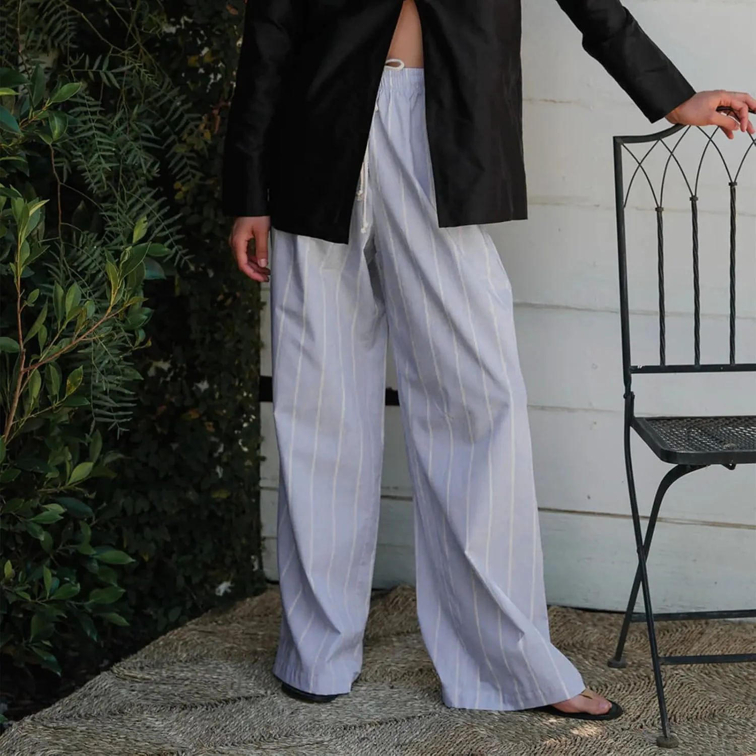 Womens Striped Wide Leg Pants Casual Loose Elastic High Waist Drawstring Trousers Lounge Pajama Pants Bottoms
