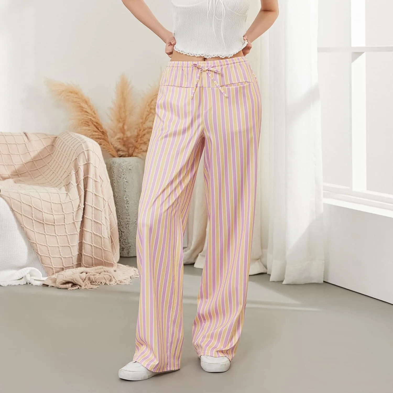 Womens Striped Wide Leg Pants Casual Loose Elastic High Waist Drawstring Trousers Lounge Pajama Pants Bottoms
