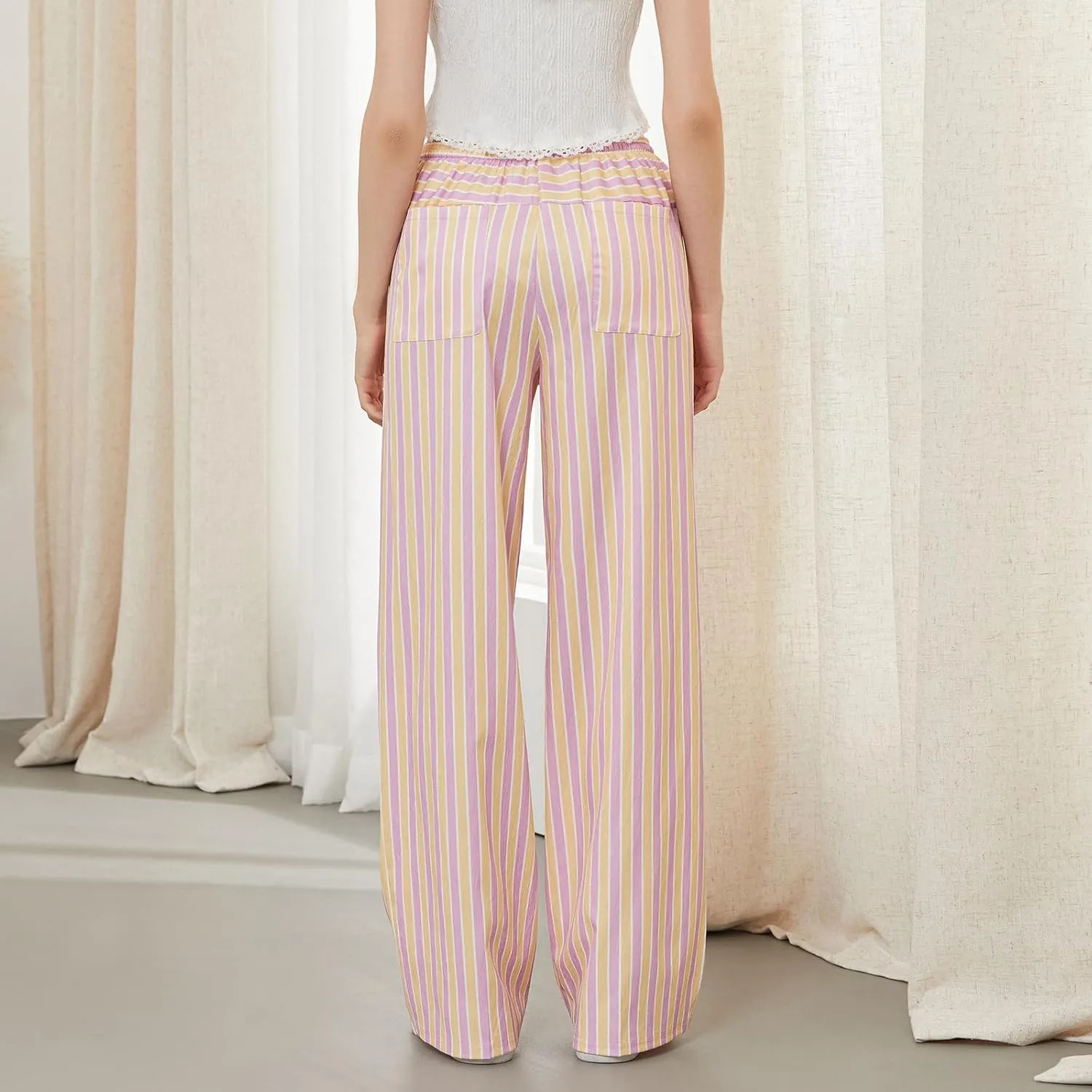 Womens Striped Wide Leg Pants Casual Loose Elastic High Waist Drawstring Trousers Lounge Pajama Pants Bottoms