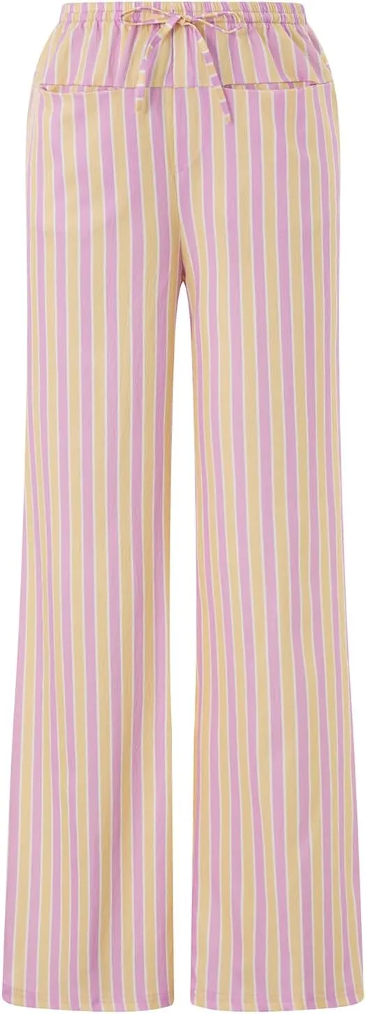 Womens Striped Wide Leg Pants Casual Loose Elastic High Waist Drawstring Trousers Lounge Pajama Pants Bottoms