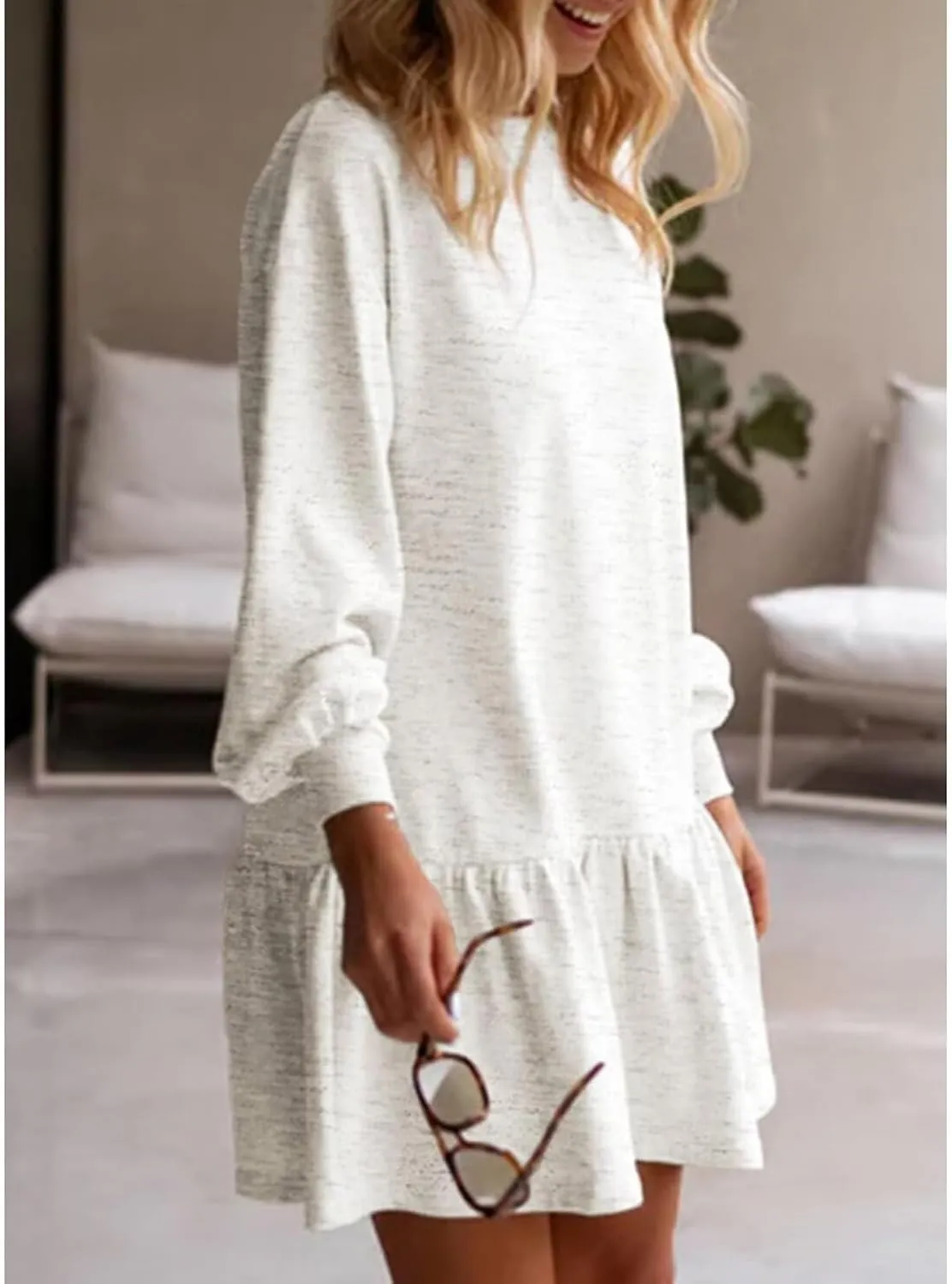 Womens Sweatshirt Dresses Solid Rib Knit Patchwork Dress Casual Long Sleeve Crewneck Pullover Tops Mini Pleated Dress