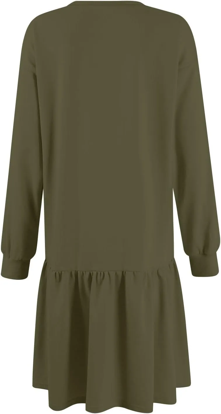 Womens Sweatshirt Dresses Solid Rib Knit Patchwork Dress Casual Long Sleeve Crewneck Pullover Tops Mini Pleated Dress