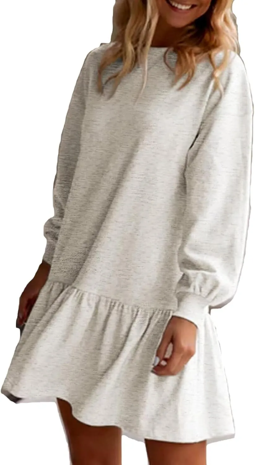 Womens Sweatshirt Dresses Solid Rib Knit Patchwork Dress Casual Long Sleeve Crewneck Pullover Tops Mini Pleated Dress