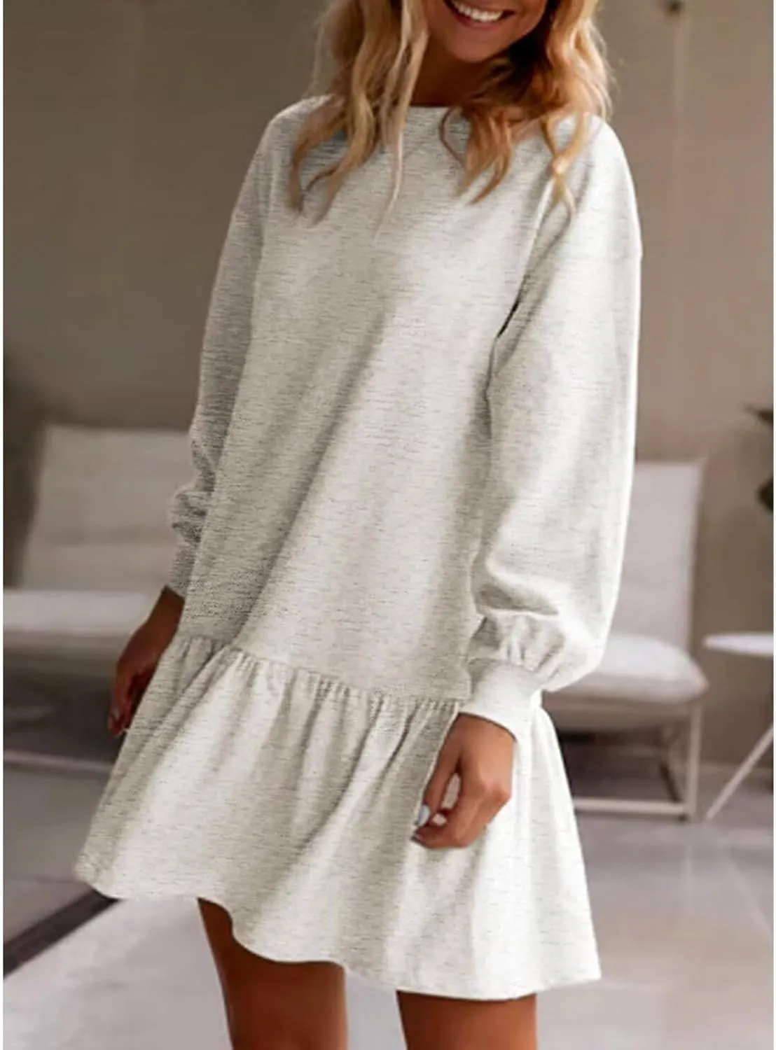 Womens Sweatshirt Dresses Solid Rib Knit Patchwork Dress Casual Long Sleeve Crewneck Pullover Tops Mini Pleated Dress