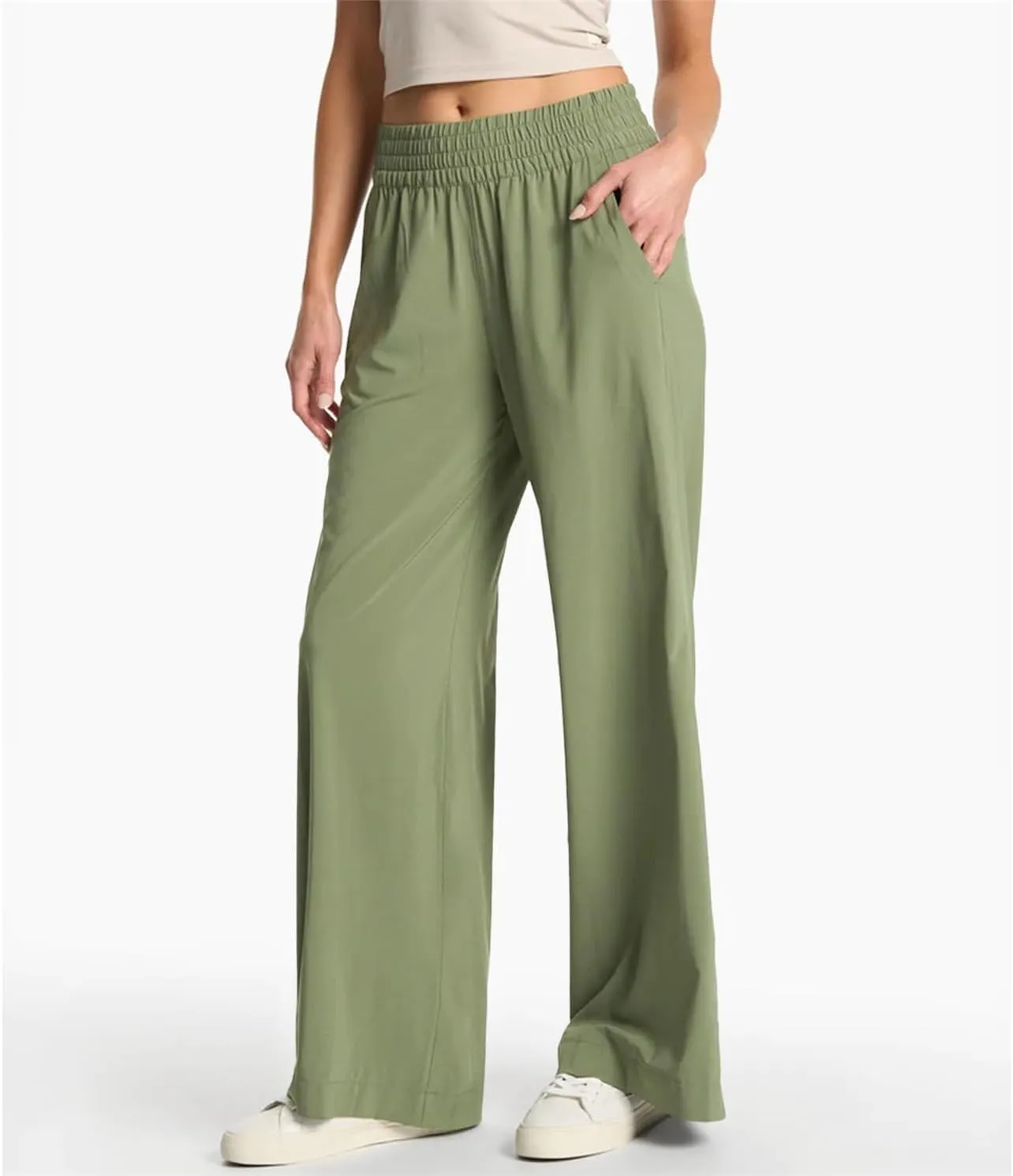 Womens Wide Leg Pants Summer Flowy Palazzo Casual High Waist Elastic Pants Beach Vacation Trousers with Pockets