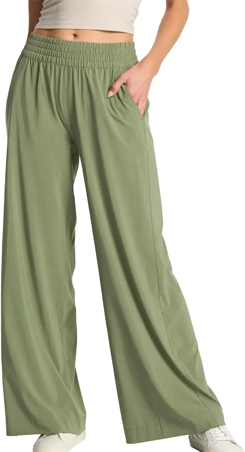 Womens Wide Leg Pants Summer Flowy Palazzo Casual High Waist Elastic Pants Beach Vacation Trousers with Pockets