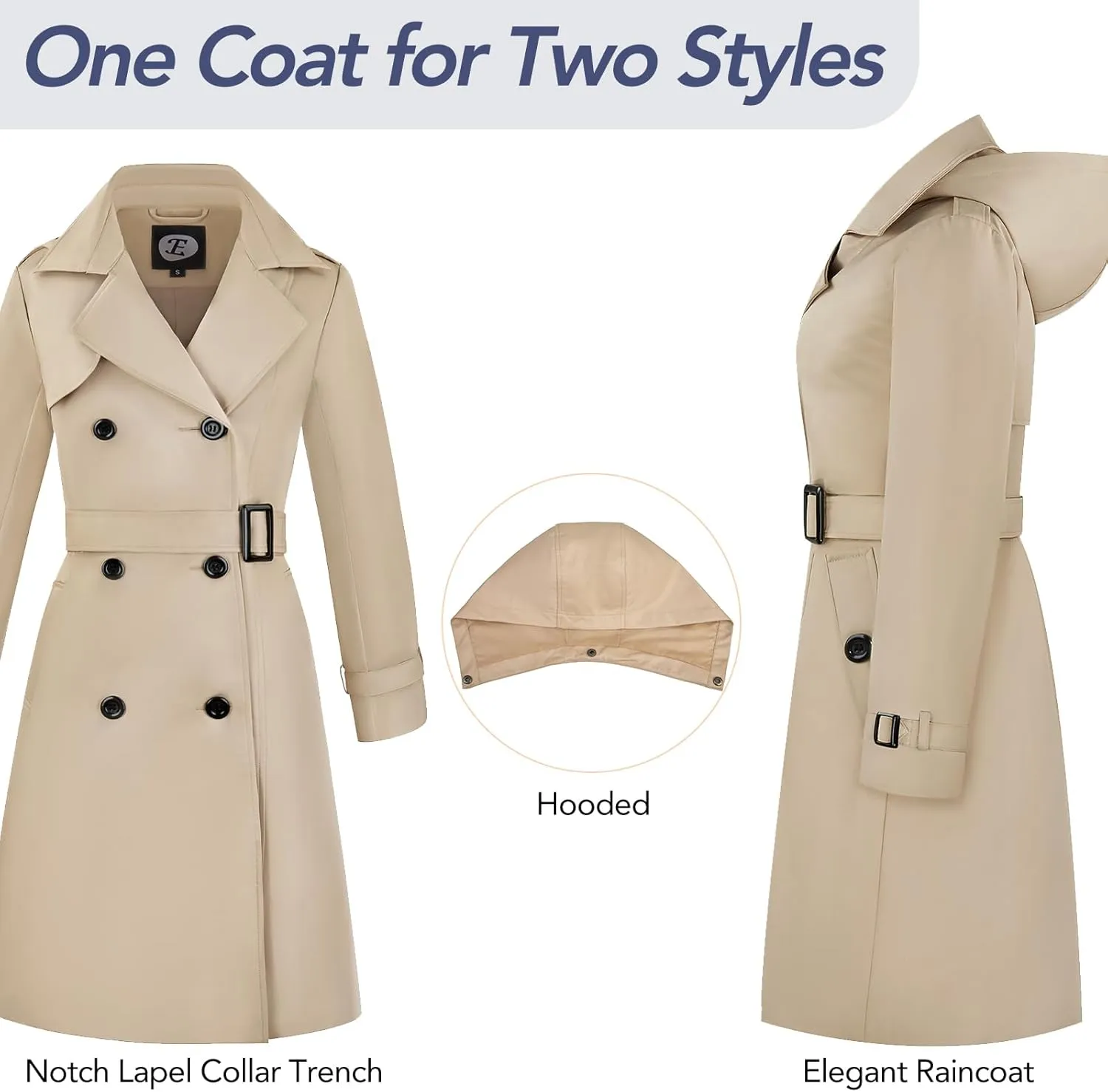 Women's Windproof Double-Breasted Trench Coat Knee-Length Trench Jacket Water-Repellent Outwear with Removable Hood