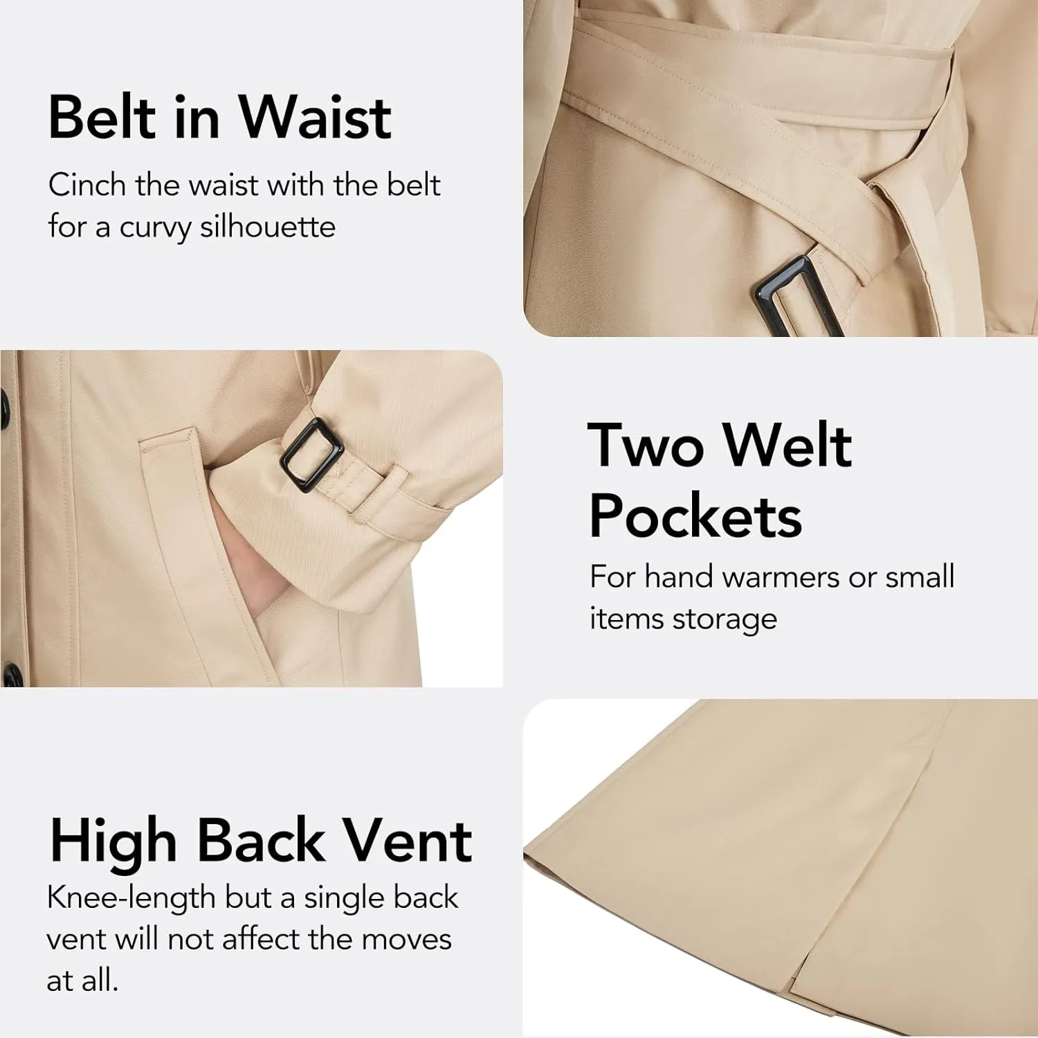 Women's Windproof Double-Breasted Trench Coat Knee-Length Trench Jacket Water-Repellent Outwear with Removable Hood