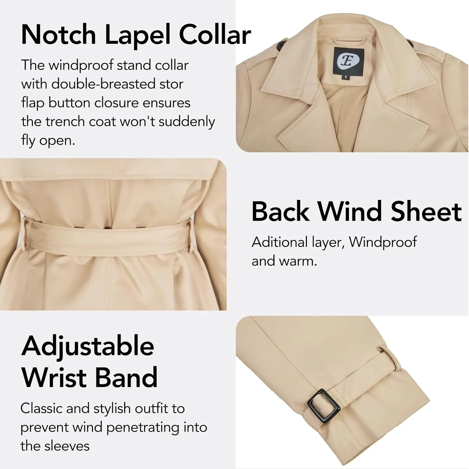 Women's Windproof Double-Breasted Trench Coat Knee-Length Trench Jacket Water-Repellent Outwear with Removable Hood