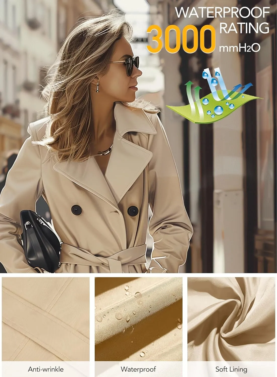 Women's Windproof Double-Breasted Trench Coat Knee-Length Trench Jacket Water-Repellent Outwear with Removable Hood