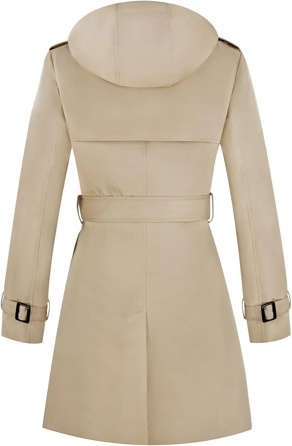Women's Windproof Double-Breasted Trench Coat Knee-Length Trench Jacket Water-Repellent Outwear with Removable Hood