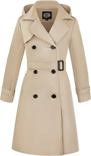 Women's Windproof Double-Breasted Trench Coat Knee-Length Trench Jacket Water-Repellent Outwear with Removable Hood