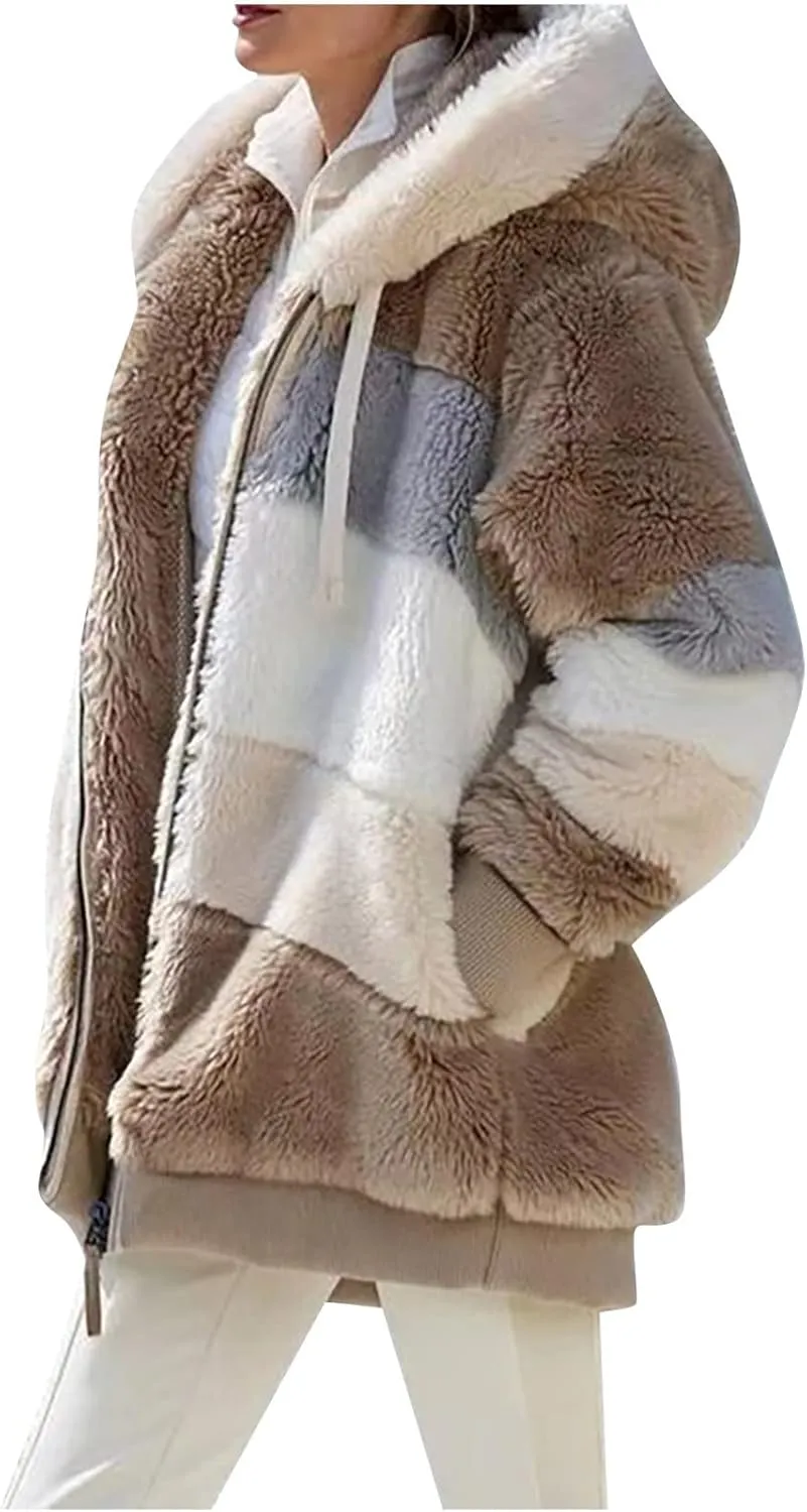 Women's Winter Coats Casual Fleece Jacket Sherpa Fuzzy Faux Shearling Coat Warm Hooded Zip Up Fuzzy Overcoat Outwear