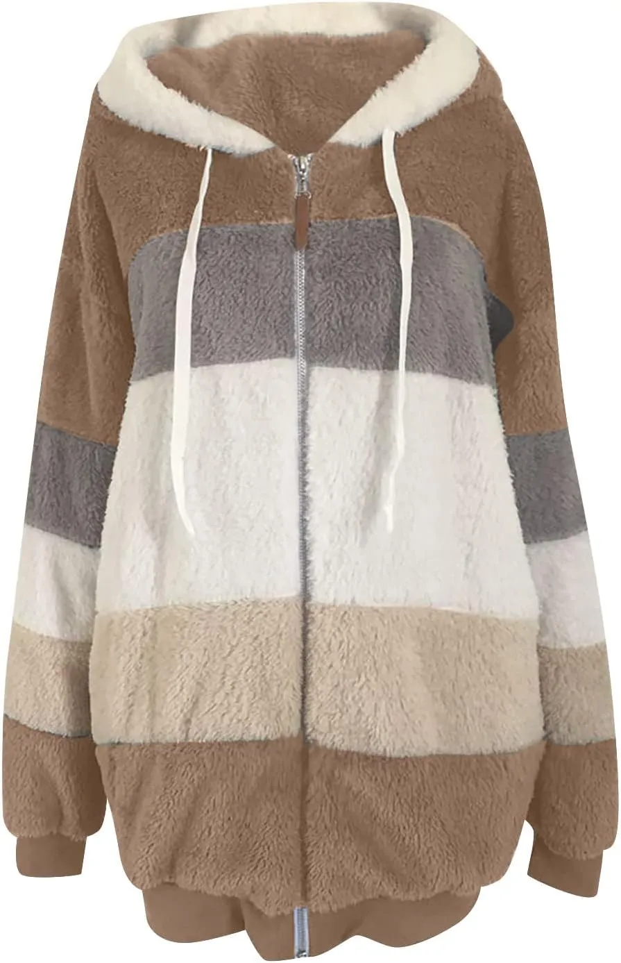Women's Winter Coats Casual Fleece Jacket Sherpa Fuzzy Faux Shearling Coat Warm Hooded Zip Up Fuzzy Overcoat Outwear
