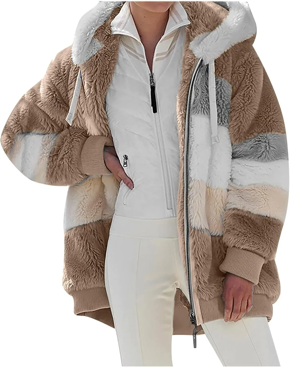 Women's Winter Coats Casual Fleece Jacket Sherpa Fuzzy Faux Shearling Coat Warm Hooded Zip Up Fuzzy Overcoat Outwear