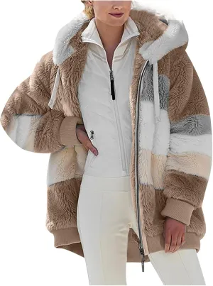 Women's Winter Coats Casual Fleece Jacket Sherpa Fuzzy Faux Shearling Coat Warm Hooded Zip Up Fuzzy Overcoat Outwear
