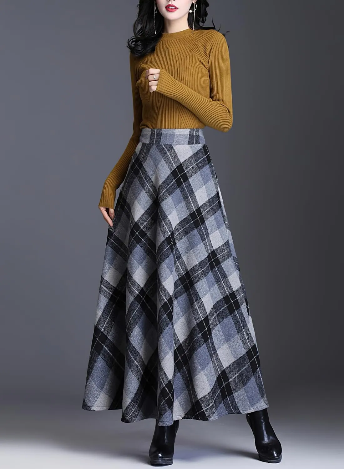 Women's Winter Warm Wool Plaid High Waist A-Line Drape Pleated Maxi Skirts with Pockets