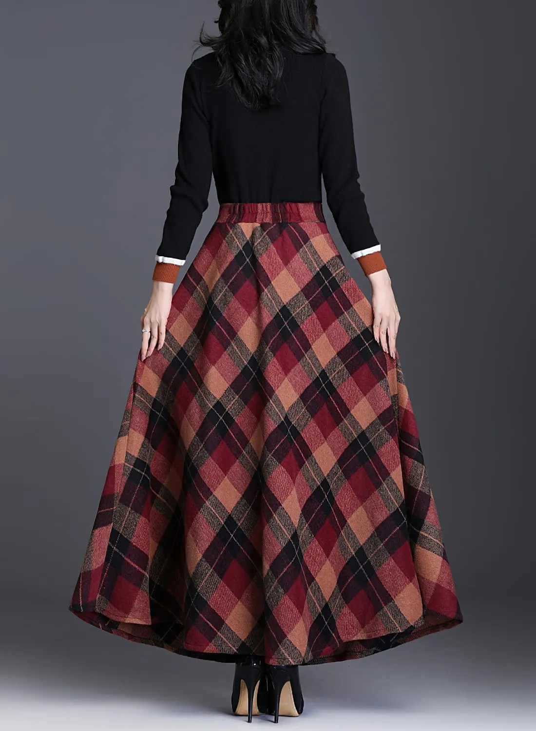 Women's Winter Warm Wool Plaid High Waist A-Line Drape Pleated Maxi Skirts with Pockets