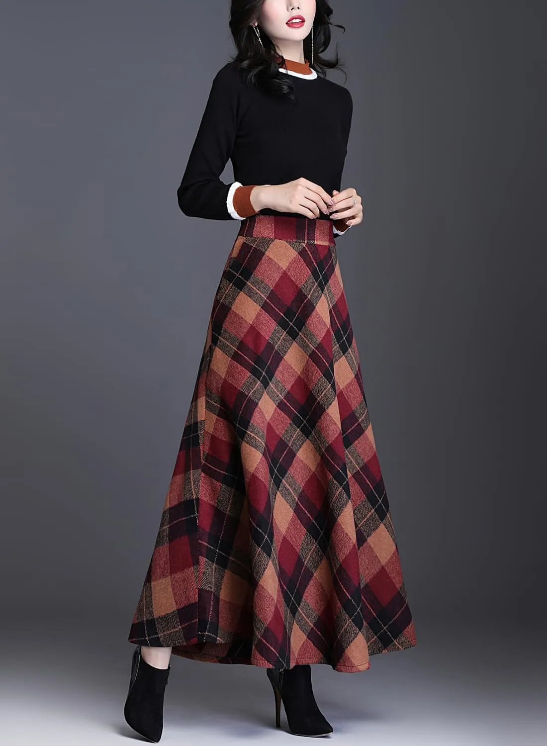 Women's Winter Warm Wool Plaid High Waist A-Line Drape Pleated Maxi Skirts with Pockets