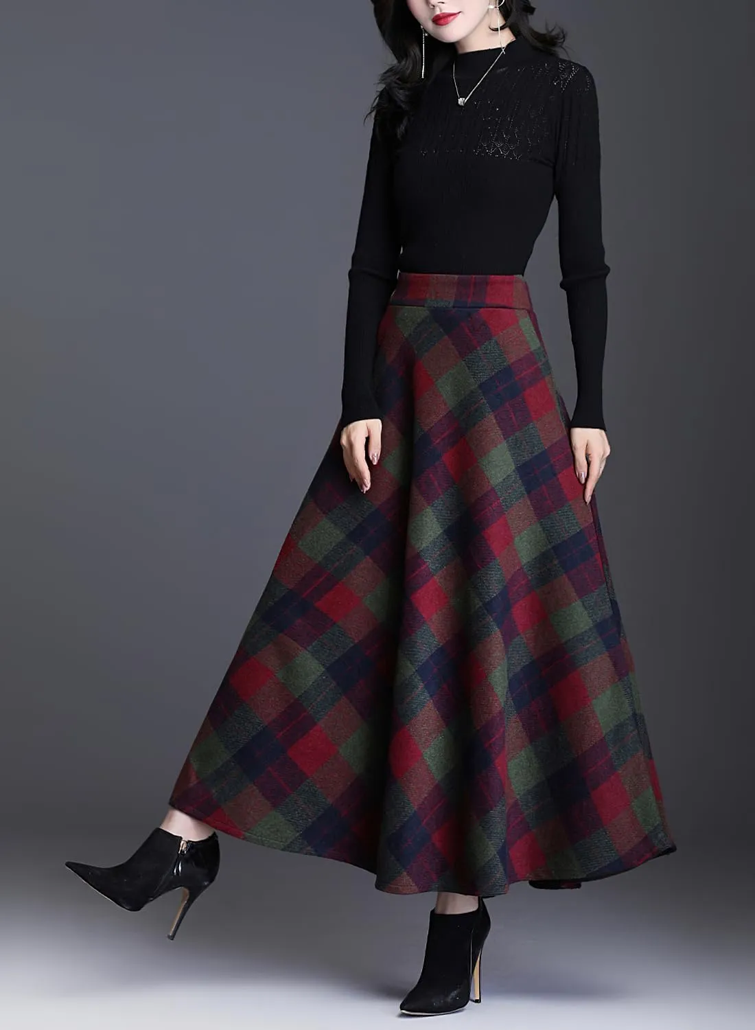 Women's Winter Warm Wool Plaid High Waist A-Line Drape Pleated Maxi Skirts with Pockets