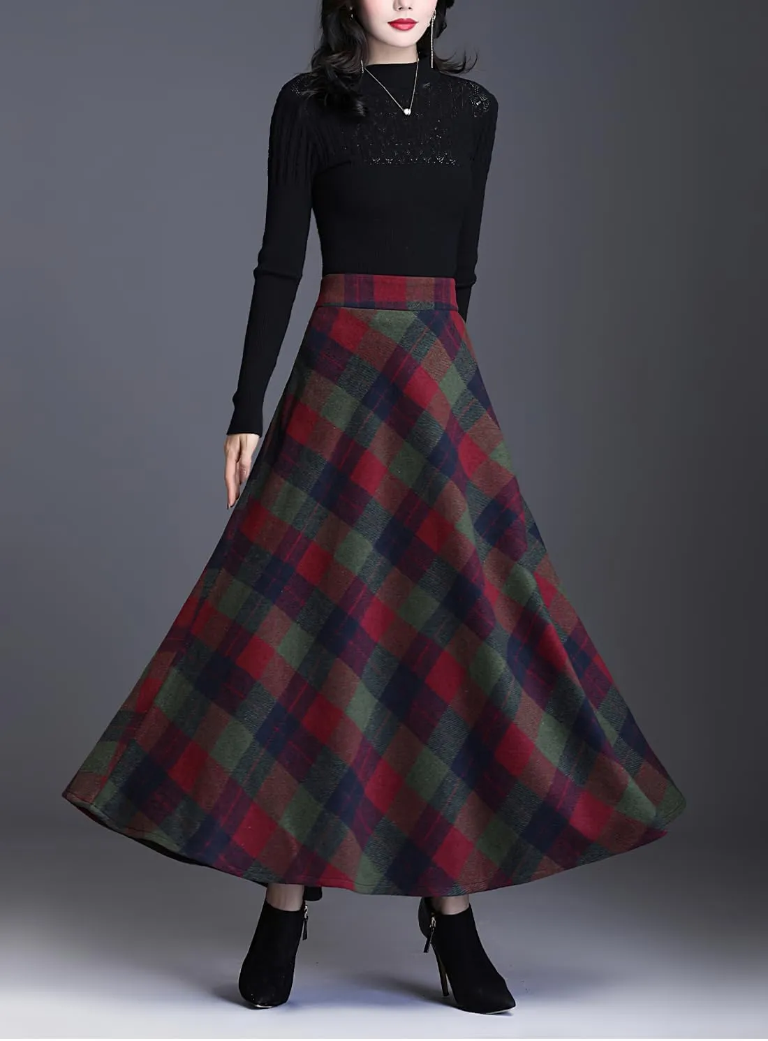 Women's Winter Warm Wool Plaid High Waist A-Line Drape Pleated Maxi Skirts with Pockets