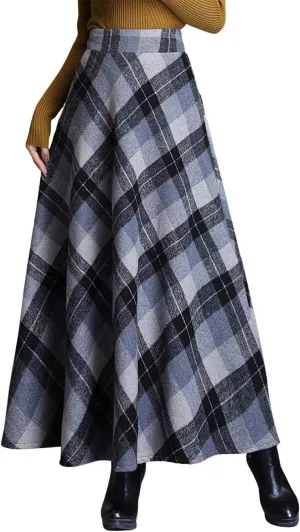 Women's Winter Warm Wool Plaid High Waist A-Line Drape Pleated Maxi Skirts with Pockets